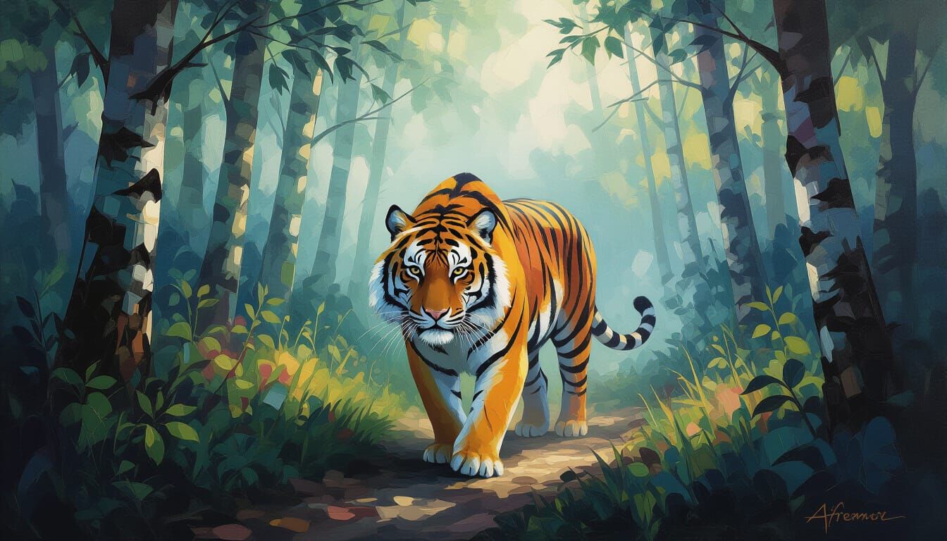 Tiger in Misty Forest, Impressionist Style