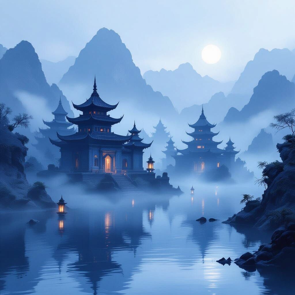 Surreal Blue Temples Emerging From Mist