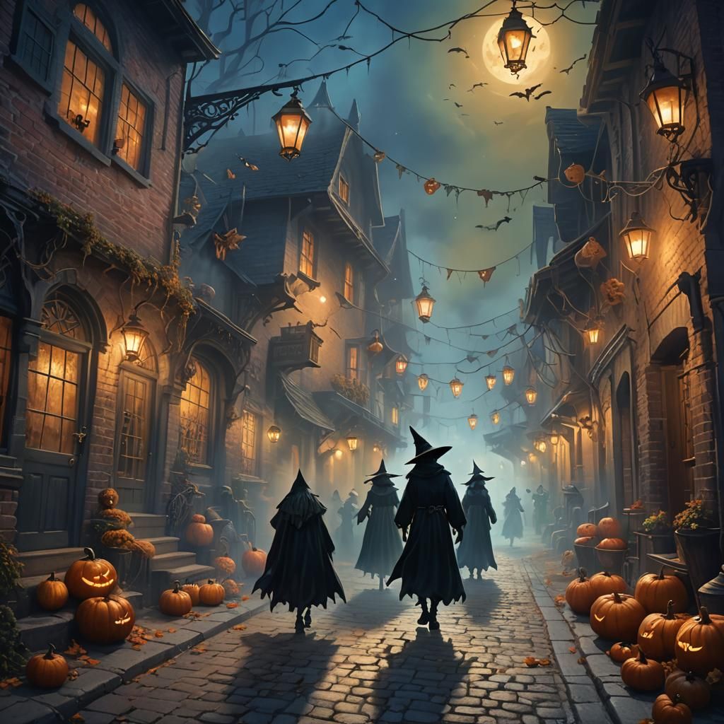 Halloween Characters in Ethereal Fantasy Alleyway