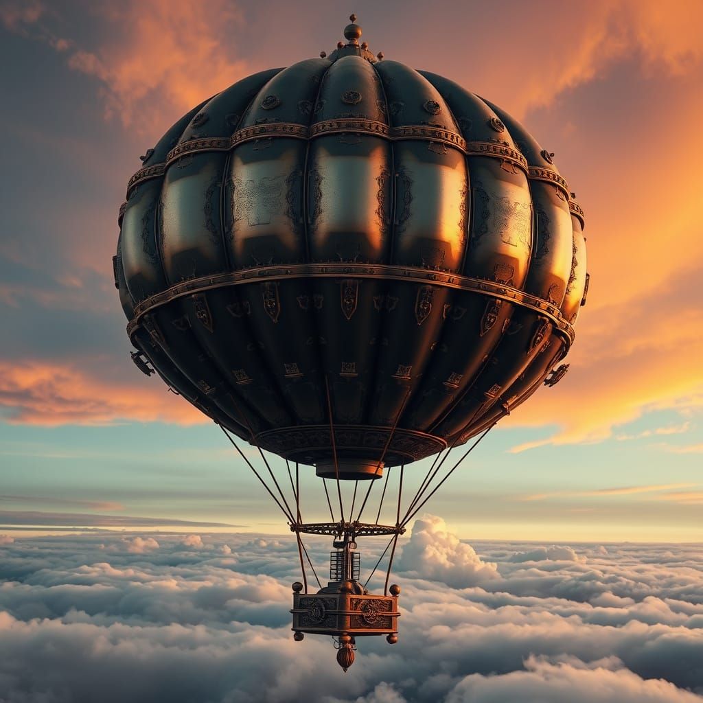 Majestic Steampunk Balloon Soars Against Sunset