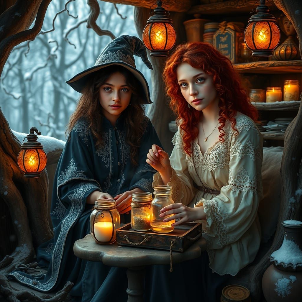 Mystical Witches in Enchanted Forest Cabin