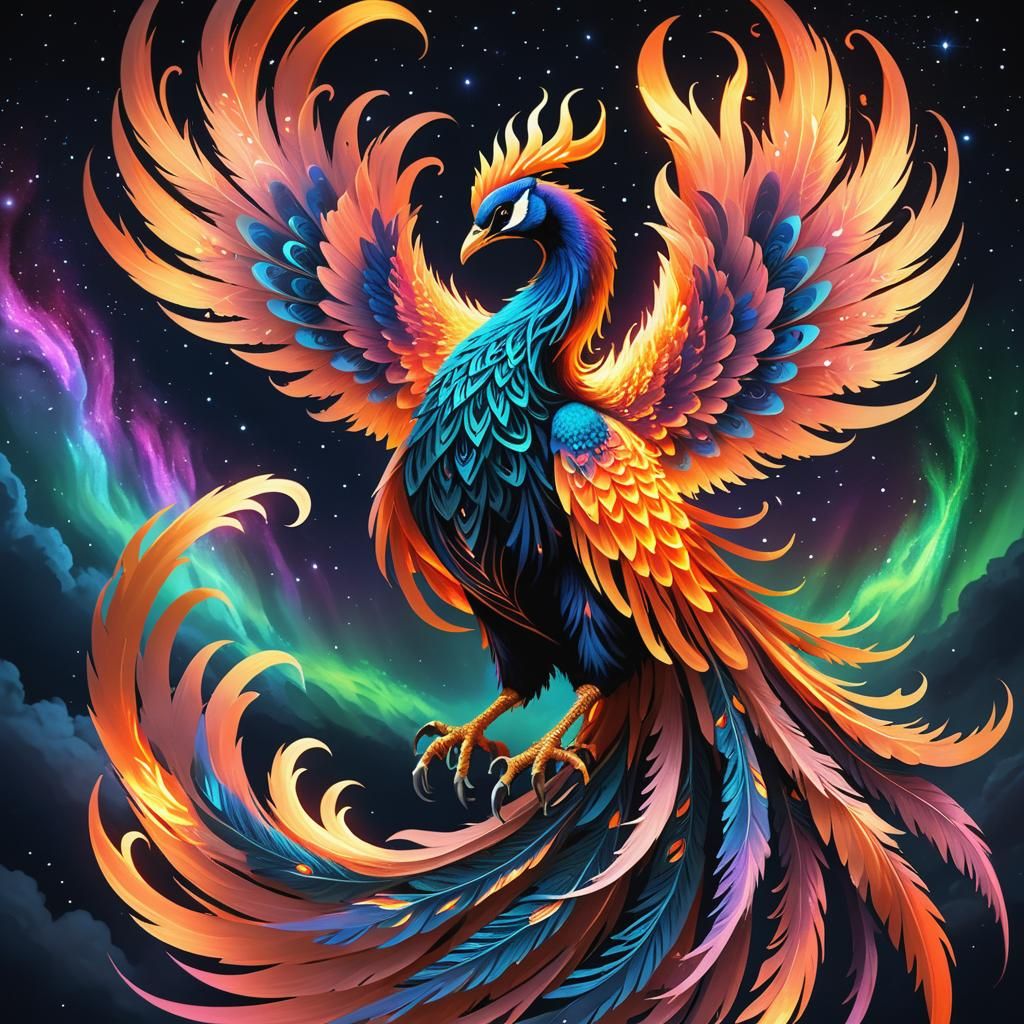 Fiery Phoenix with Aurora During Meteor Shower