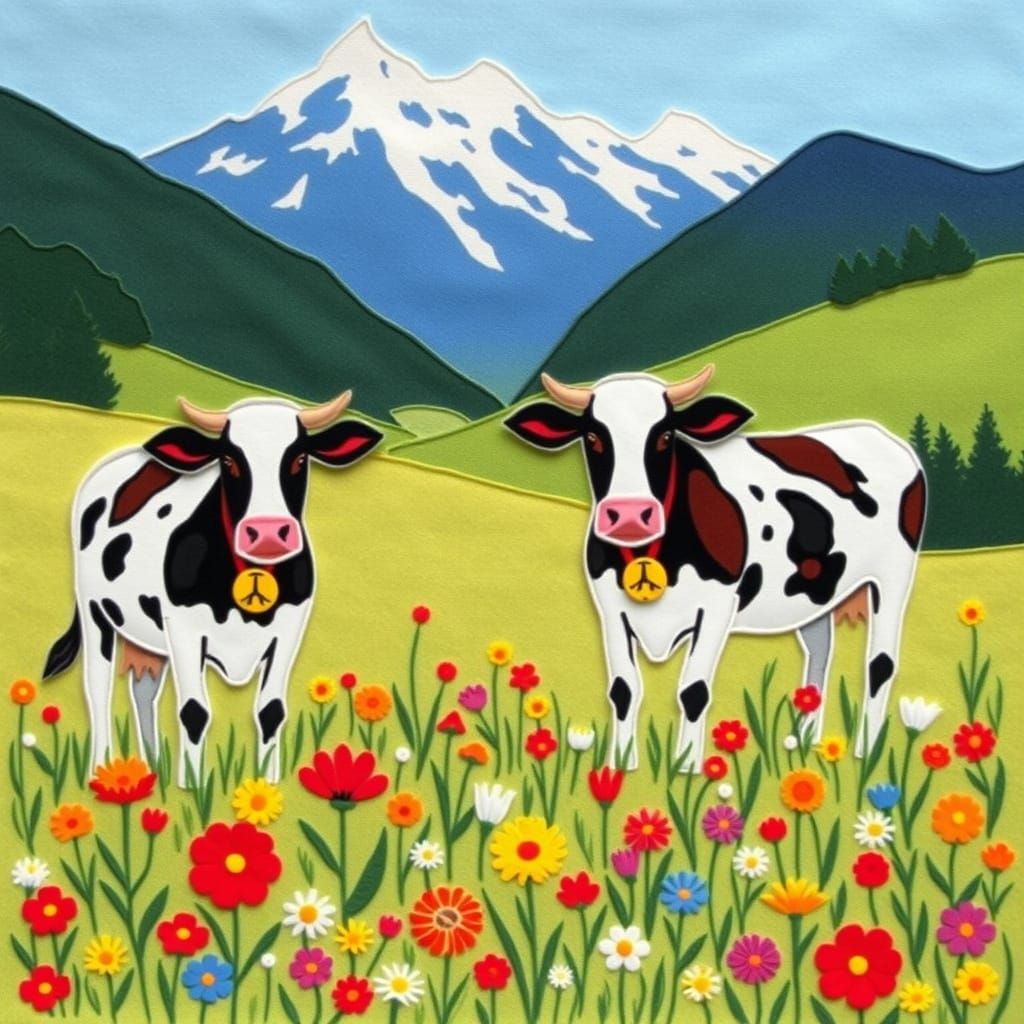Tyrolean Meadow with Cows in Applique Style