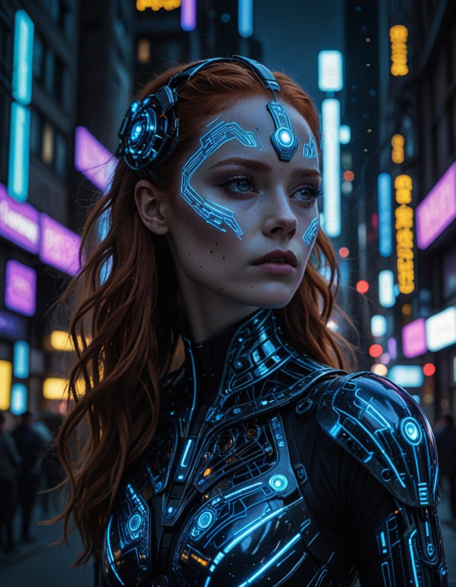 Cybernetic Goddess in Neon Cityscape