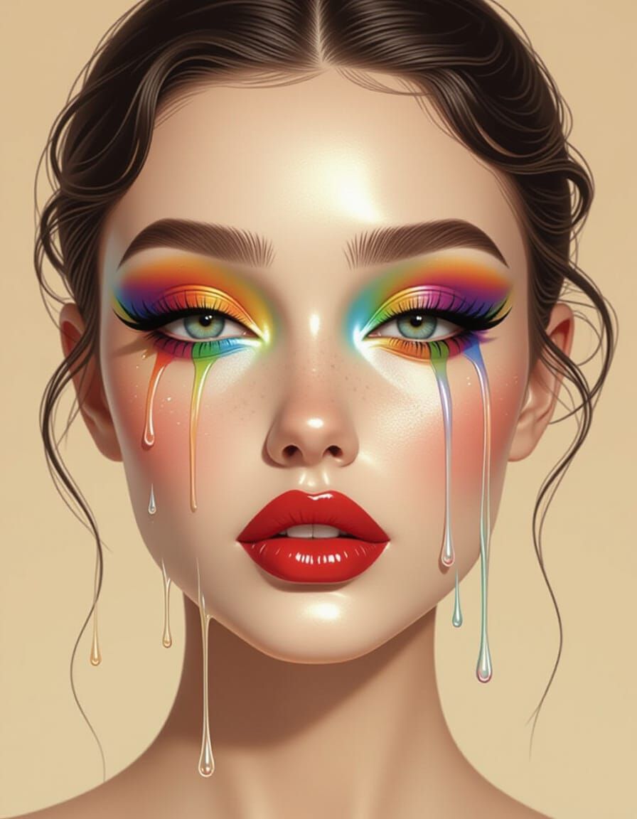 Surreal 3D Woman Portrait with Rainbow Tears