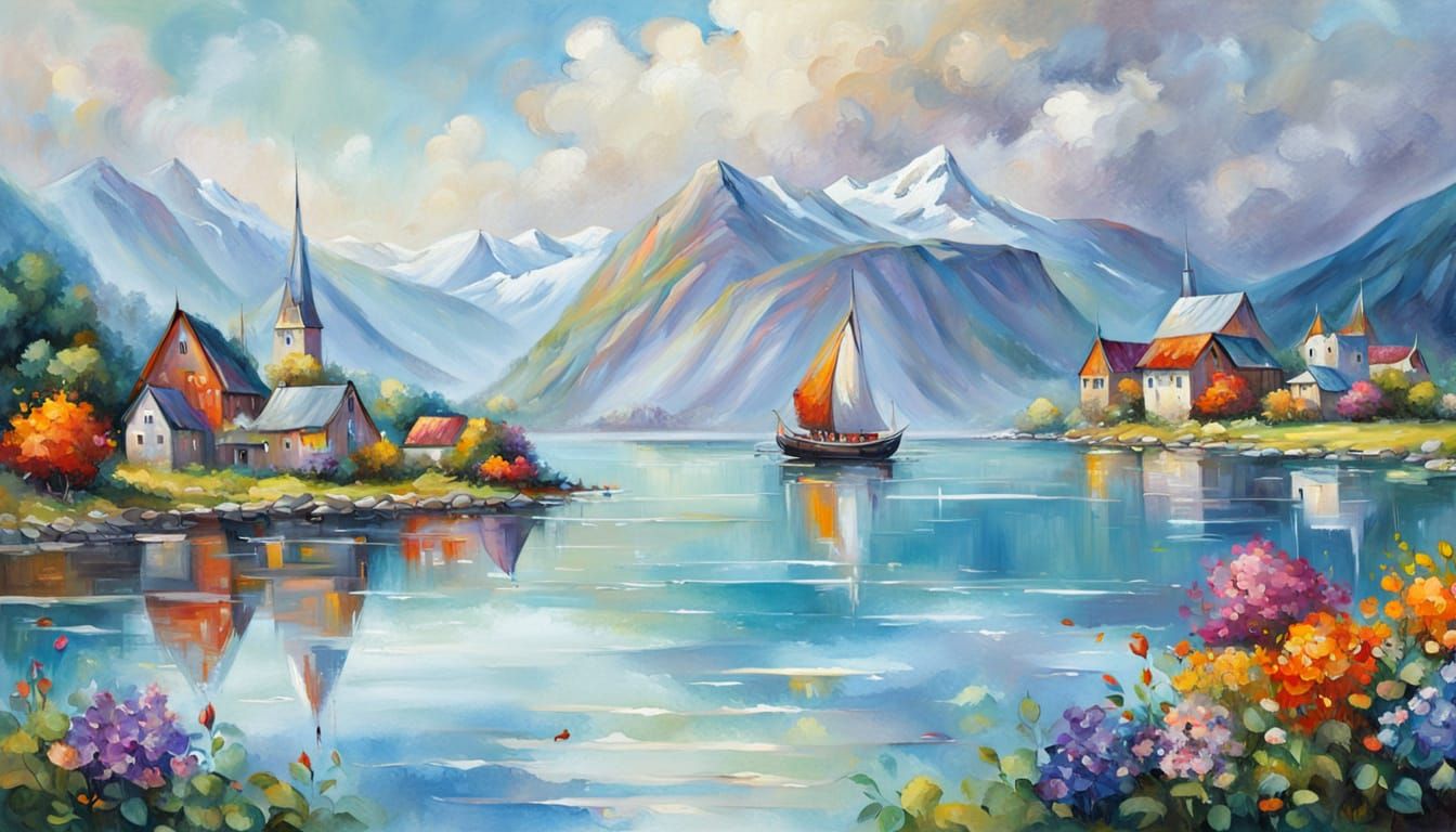 Vibrant Oil Painting of Elven Settlement by Fjord