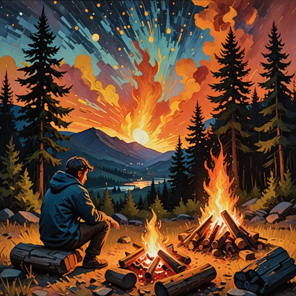 Impressionist Gouache Painting of Bonfire Stargazing