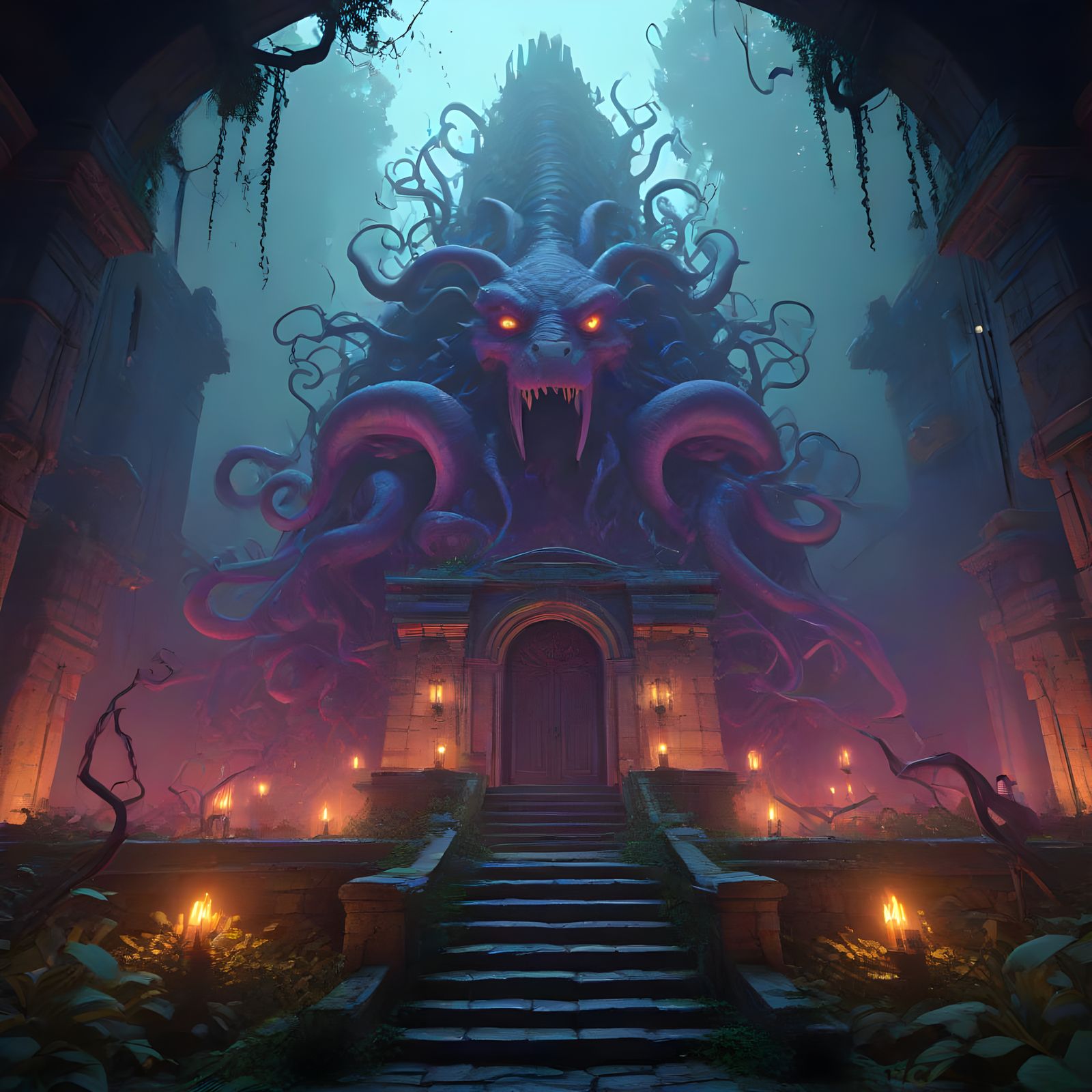 Ethereal Fantasy Ruin: Banshee Amidst Mystical Decay