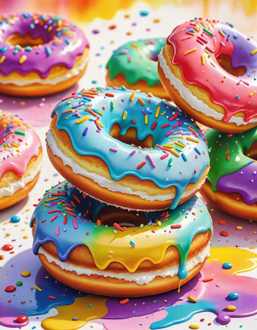 Rainbow Sprinkle Donuts in Watercolor Fauvist Style