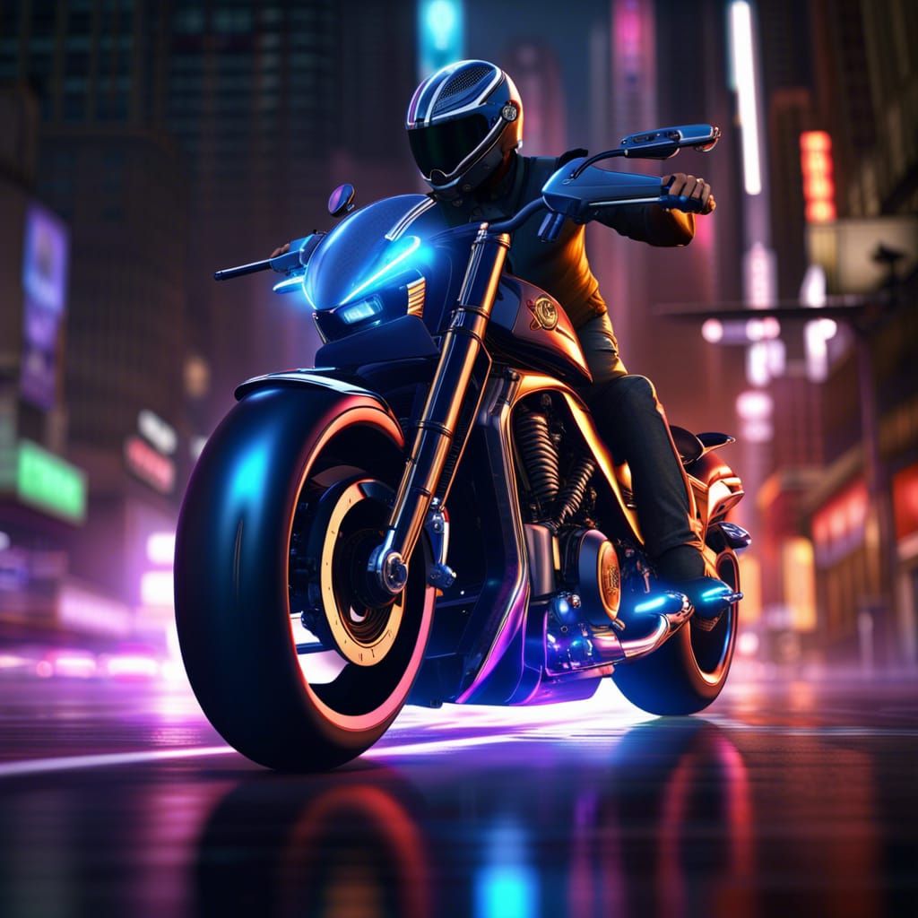 Yamaha BMS Chopper motorcycle, futuristic, flashy, powerful, handsome man riding  crotch rocket, neon, streets, photorea...