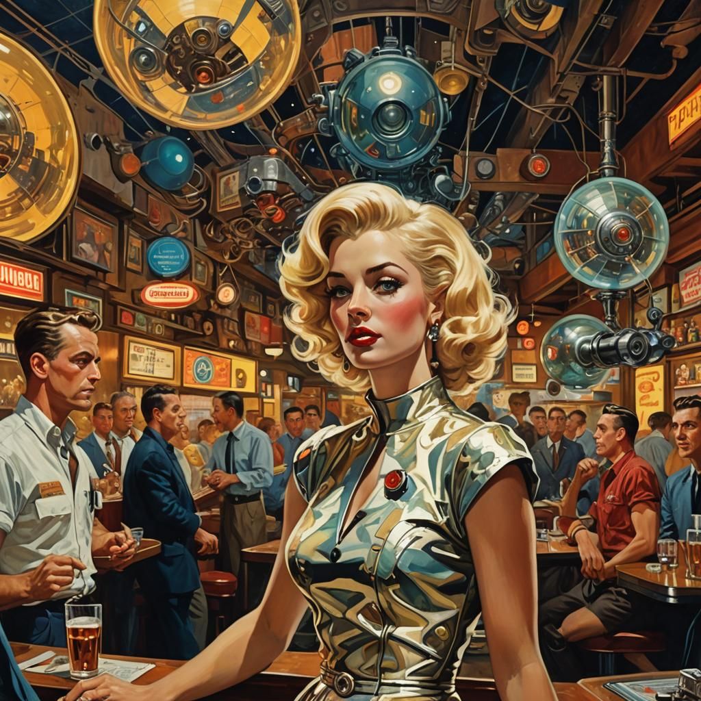 Retrofuturistic Singer in Space Station Bar