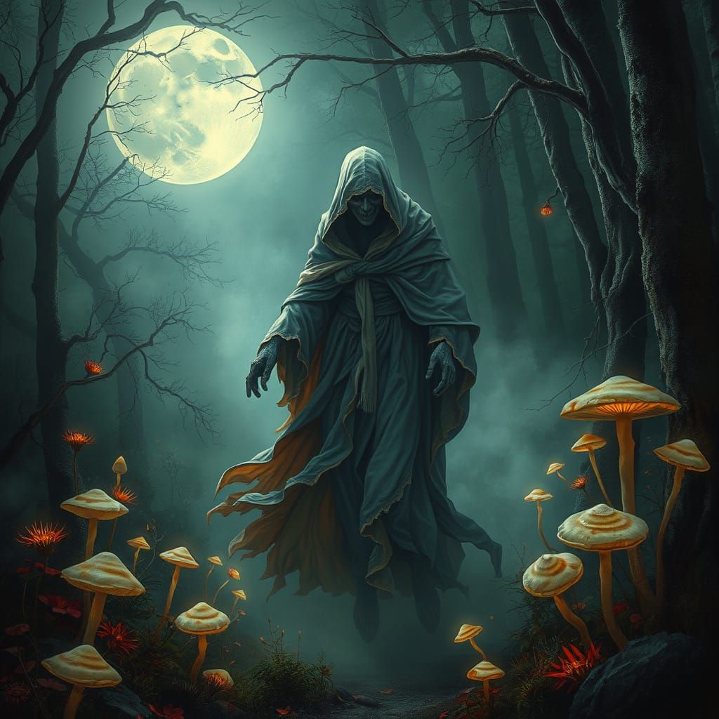 Ethereal Specter Drifting Through Moonlit Forest