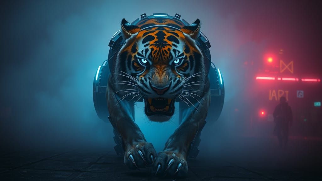 Cyberpunk Tiger Emerges from Smoky Fog in a Blaze of Neon Li...