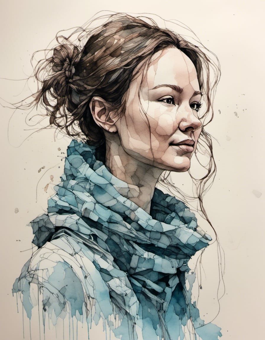 Ink and Watercolor Portrait in Pastel Blue Tones