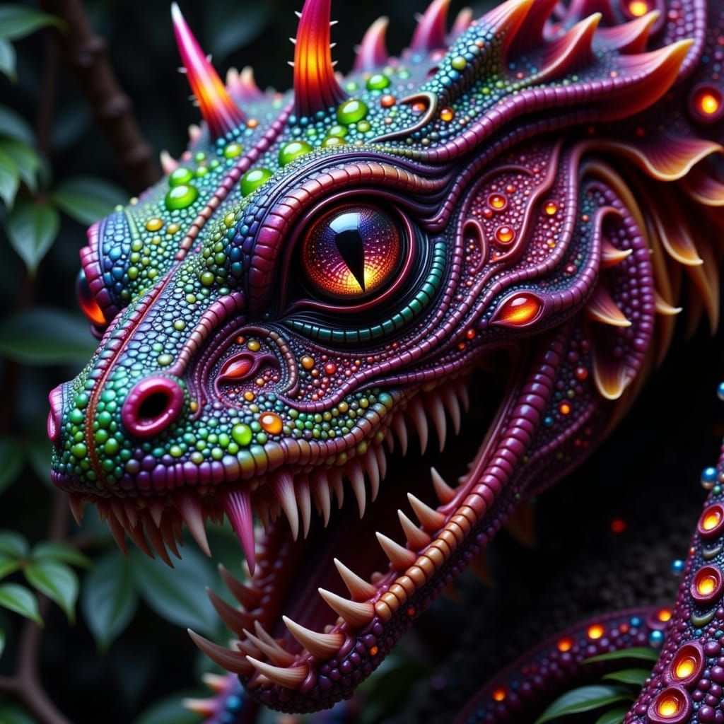 Demonic Reptilian Goddess with Rainbow Scales