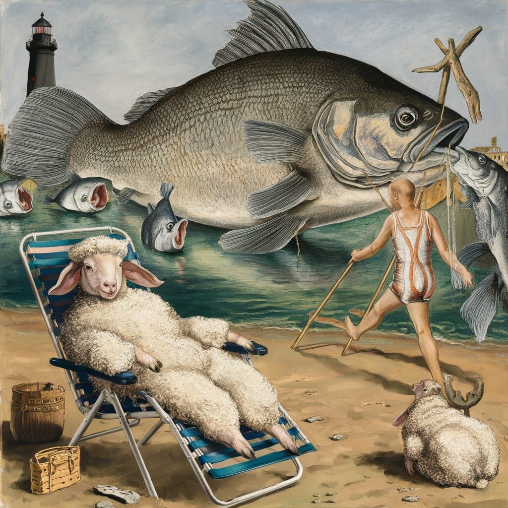 Surreal Beach Scene with Fluffy Sheep and a Giant Fish