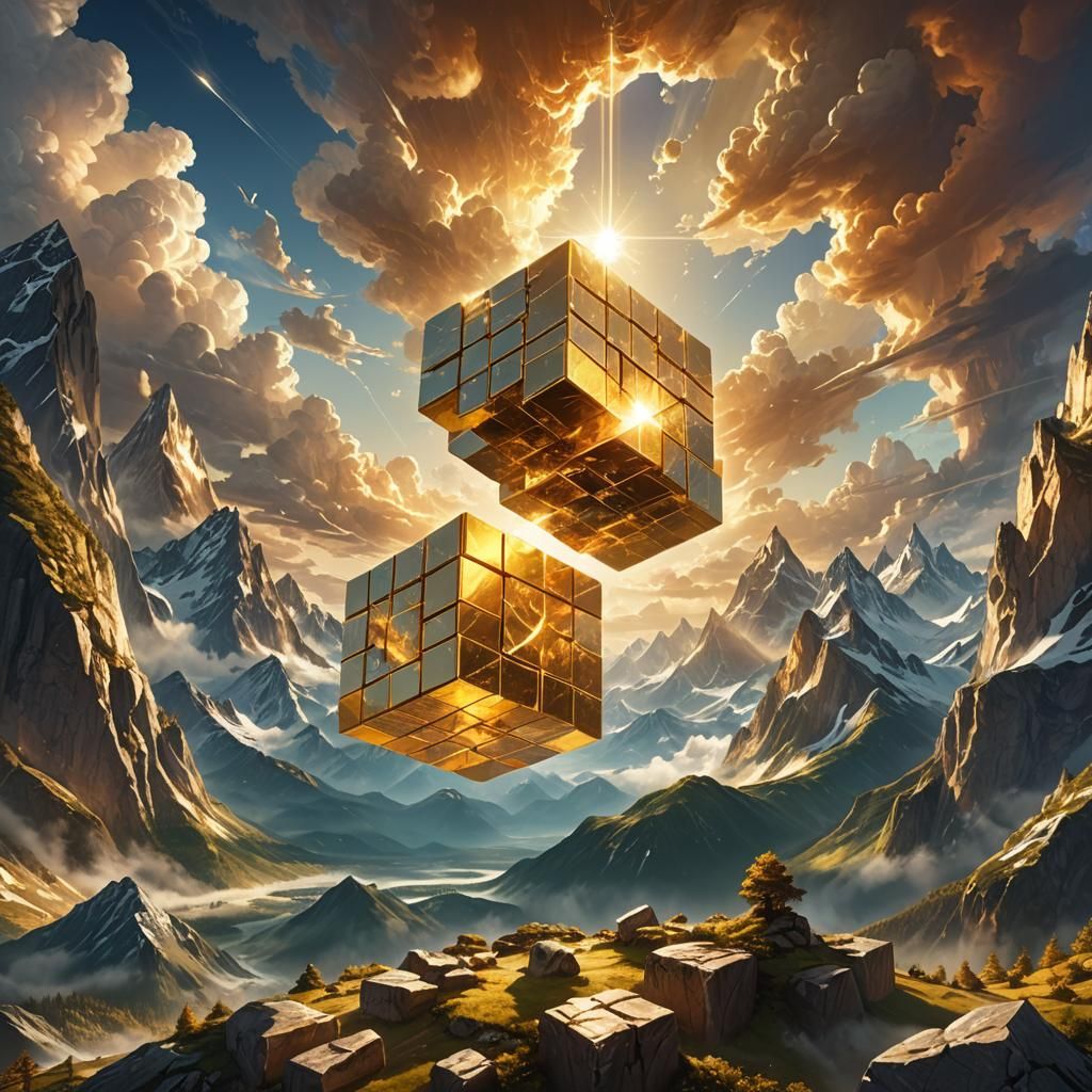 Golden Cube Descends From Sky in Fantasy Concept Art