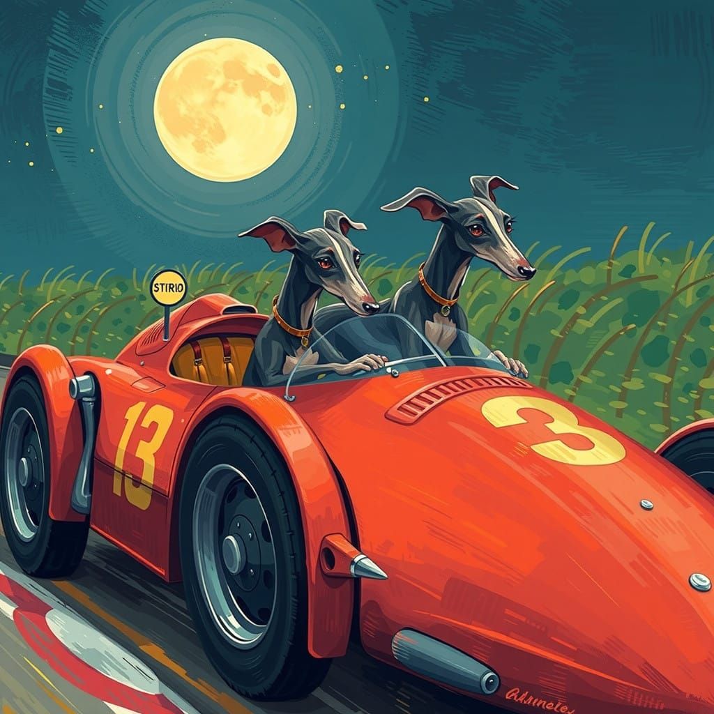 Moonswept Italian Greyhounds in Vintage Car, Whimsical Story...