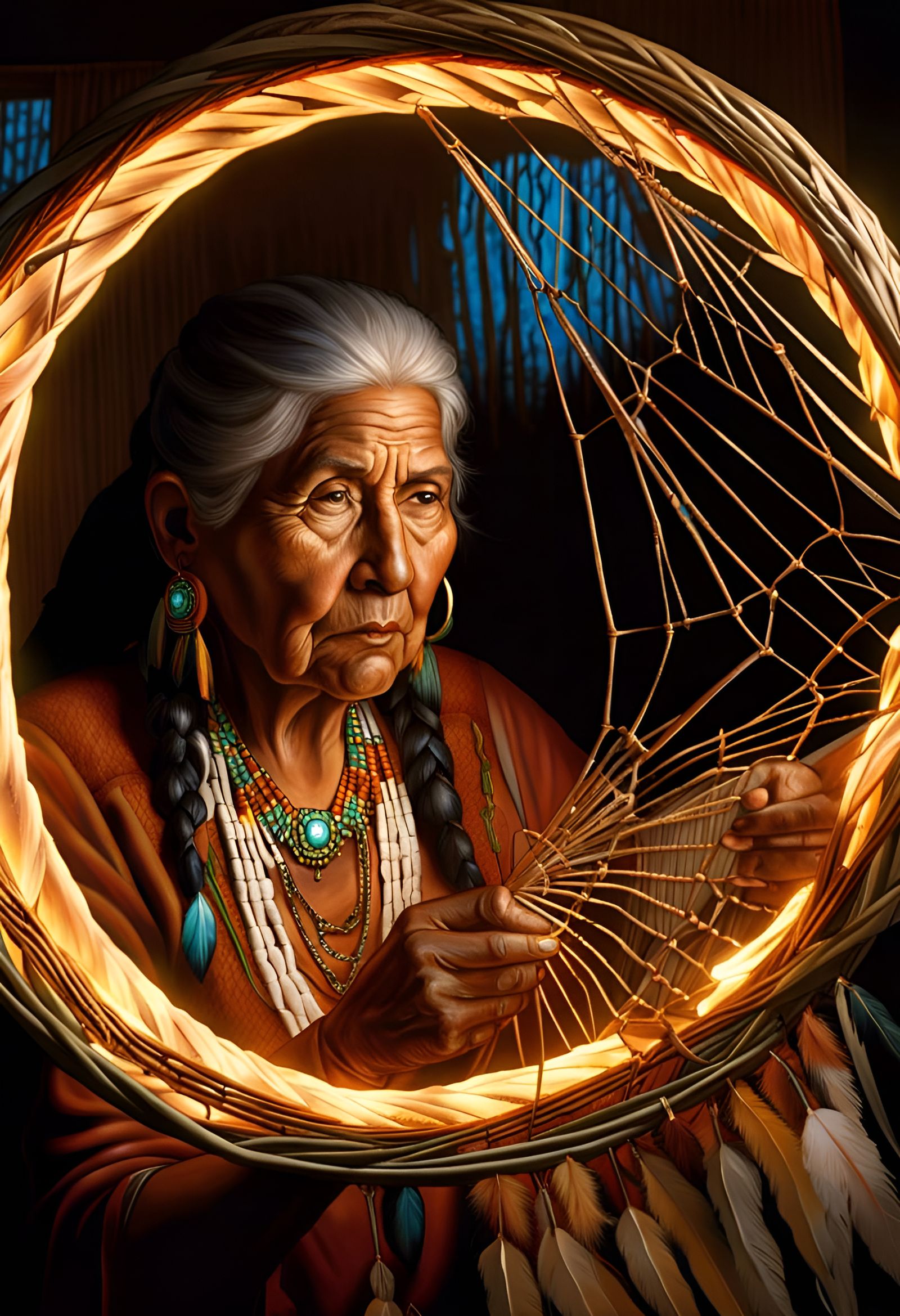Native American Woman Weaving Dreamcatcher