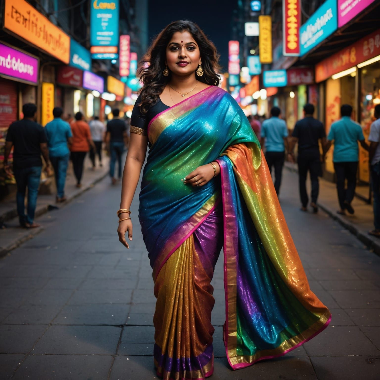 Curvy Woman in Rainbow Saree Walks City at Night