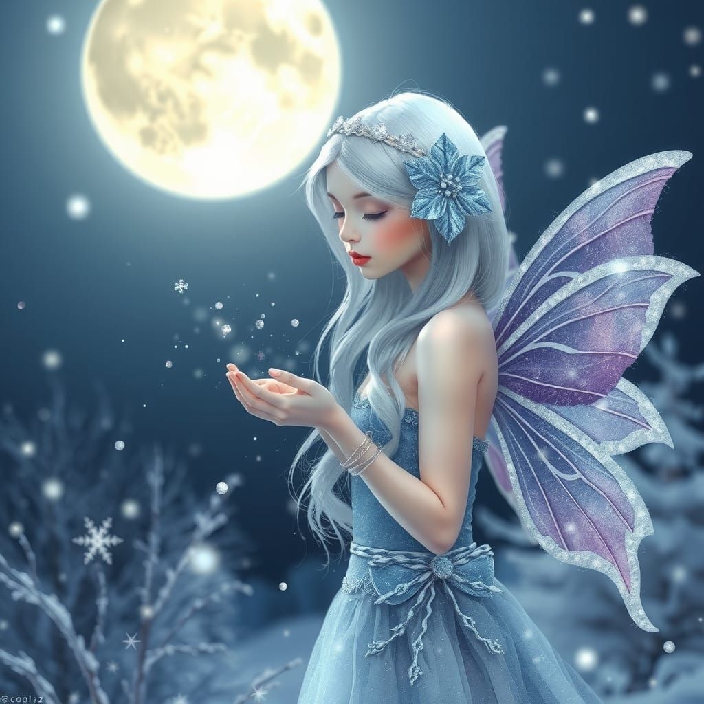 Winter Fairy Blowing Snowflakes on Moonlit Night