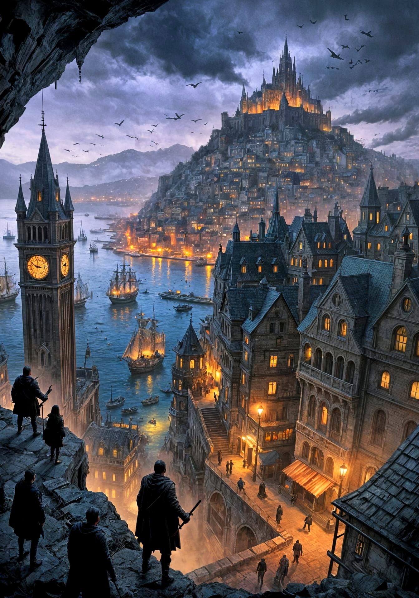 Gritty Comic Art Harbor Cityscape: Dramatic Overlook