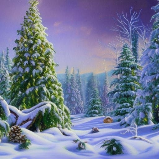 Jeweled Christmas Forest in Oil Painting Style