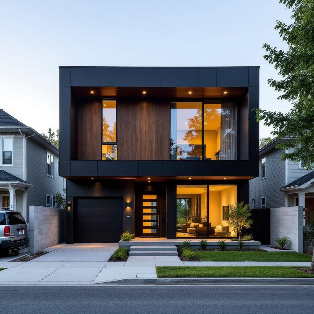 Modern Black and Wood Two-Story House at Night