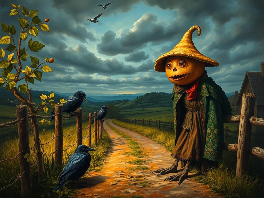 Surreal Scarecrow's Hamlet: Whimsical Bosch-Styled Drama