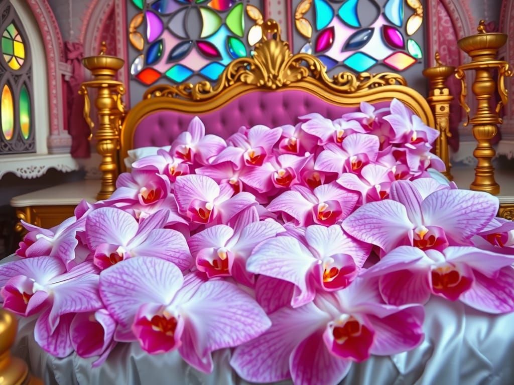 A quilt of orchid petals on the princess's bed in the fairy ...