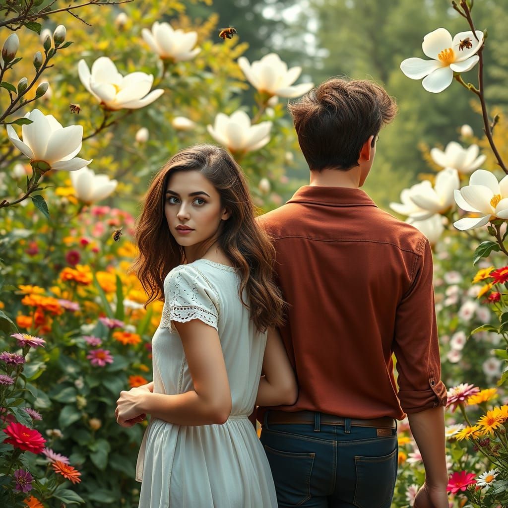 Young Couple Strolls into a Vibrant Garden