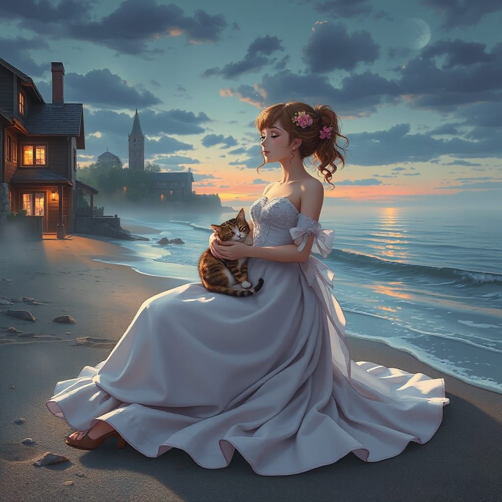 Dreamy Sunrise on Misty Beach with Kitten in Anime Style