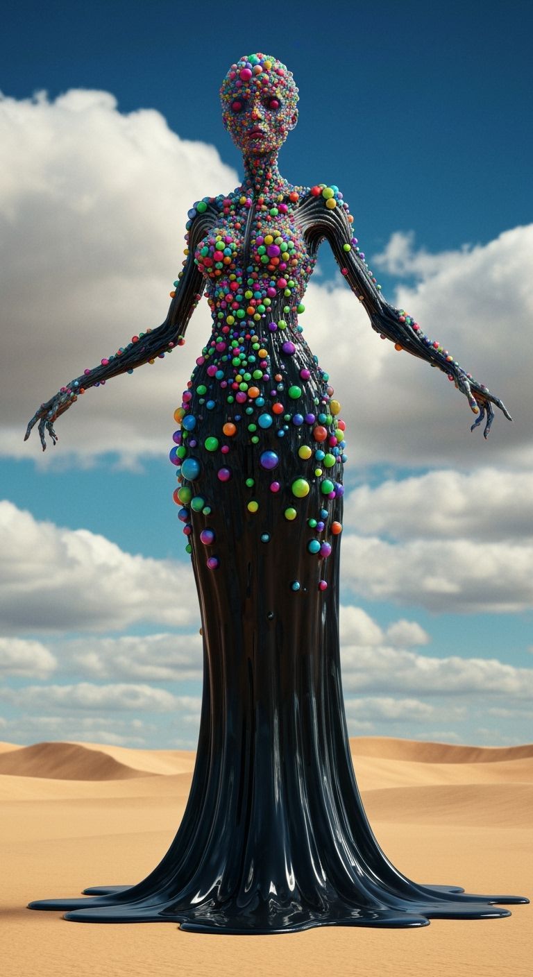 Surreal Figure in Orb and Liquid Dress on Desert Landscape