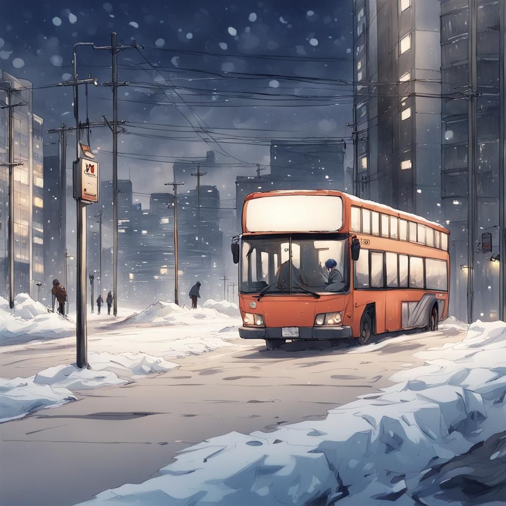 Snowy Bus Stop in Anime Key Visual Style