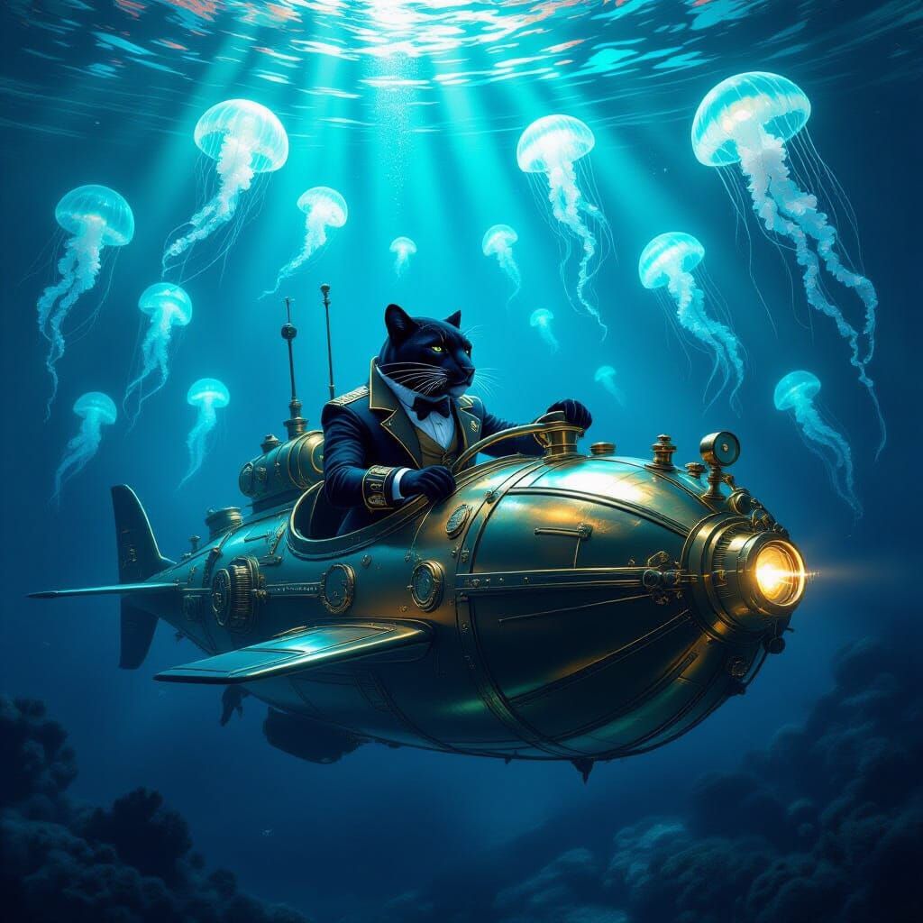 Steampunk Panther Submarine in Bioluminescent Ocean