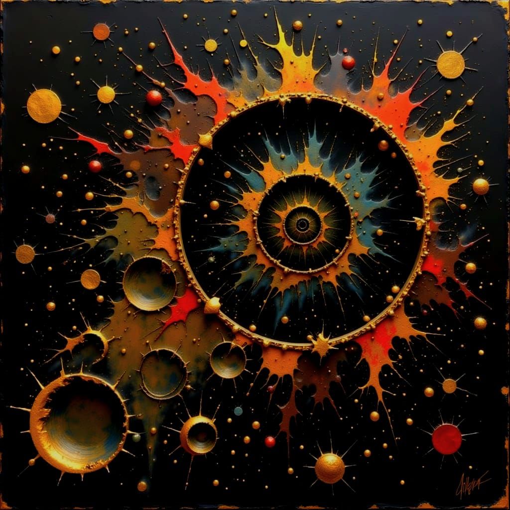 Complex Geometric Curves in Dark Oil Paint Style