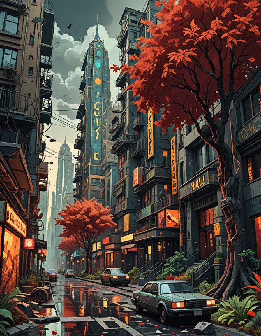 Epic Cyberpunk Metropolis Transformed by Nature's Fury