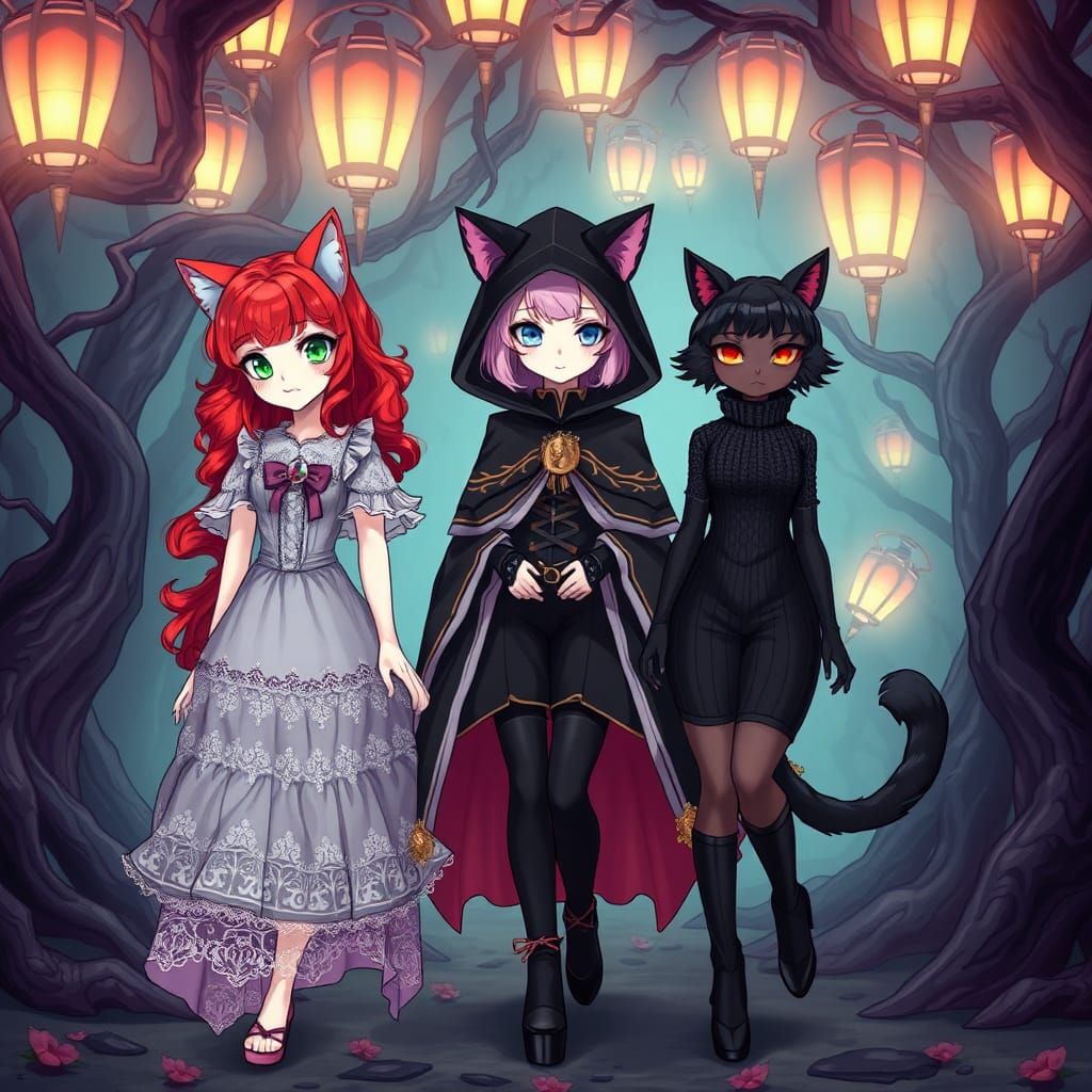 Anime Catgirls Stroll Through Gothic Underworld