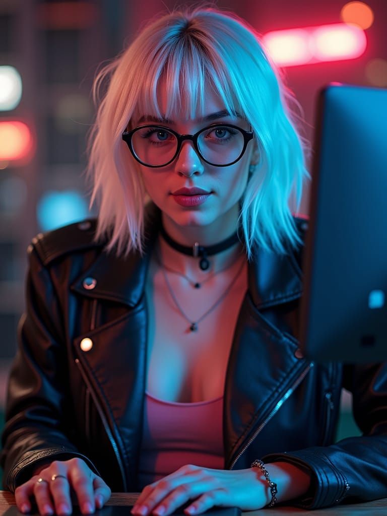 Cyberpunk Hacker with Blonde Hair in Noir Setting