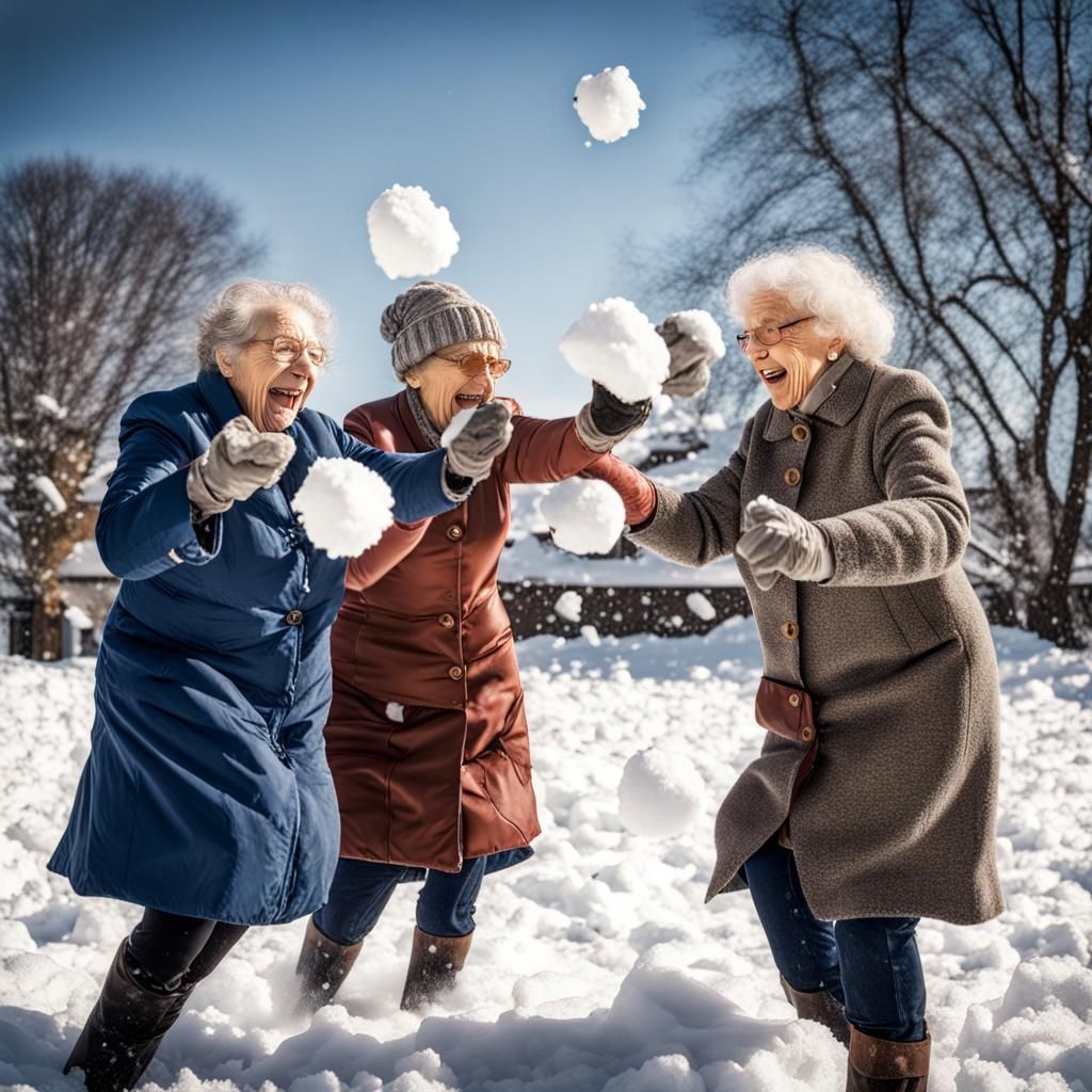 Joyful Snowball Fight: Old Women's Winter Fun