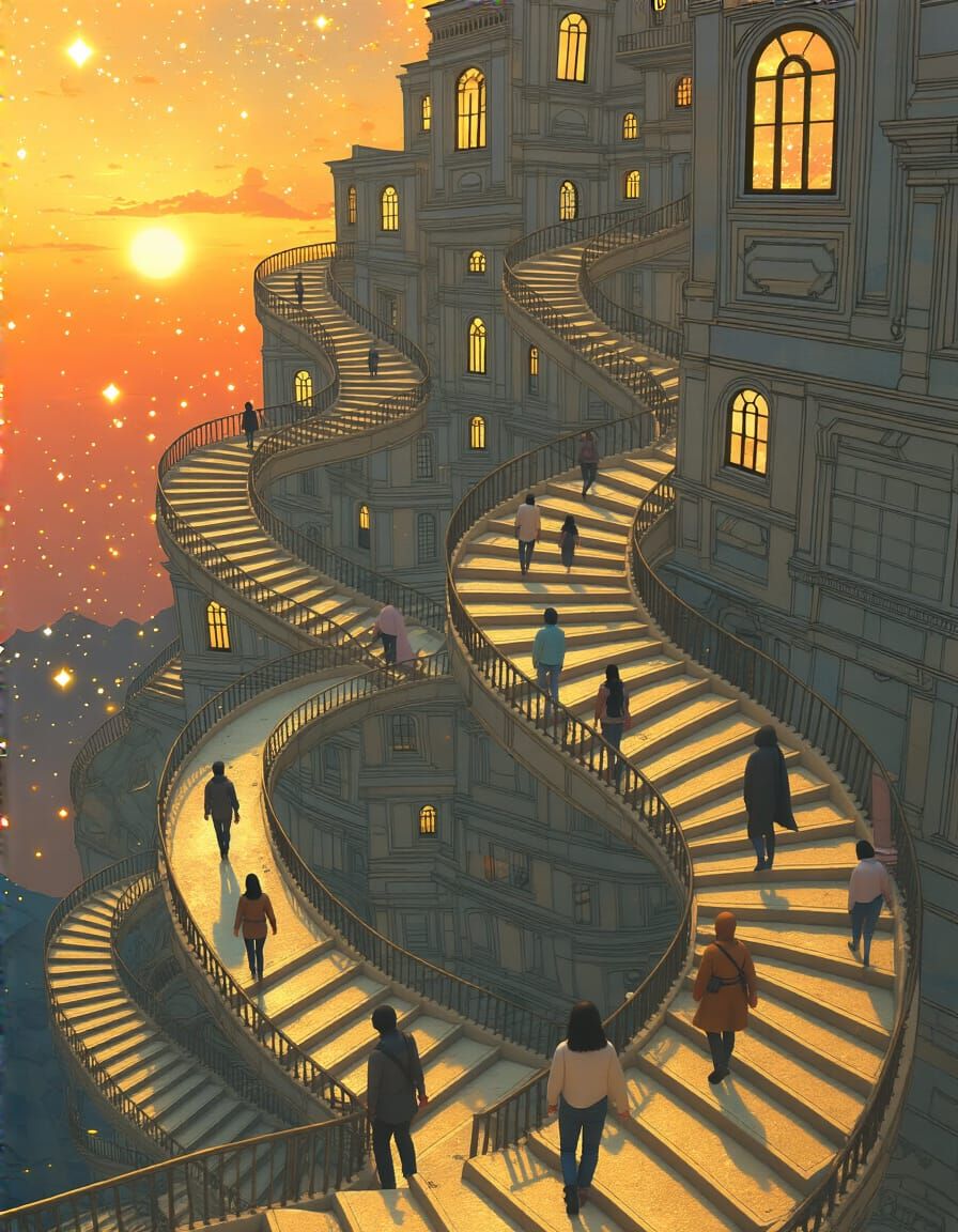 Surreal Staircase to Celestial Sunset in Escher Style