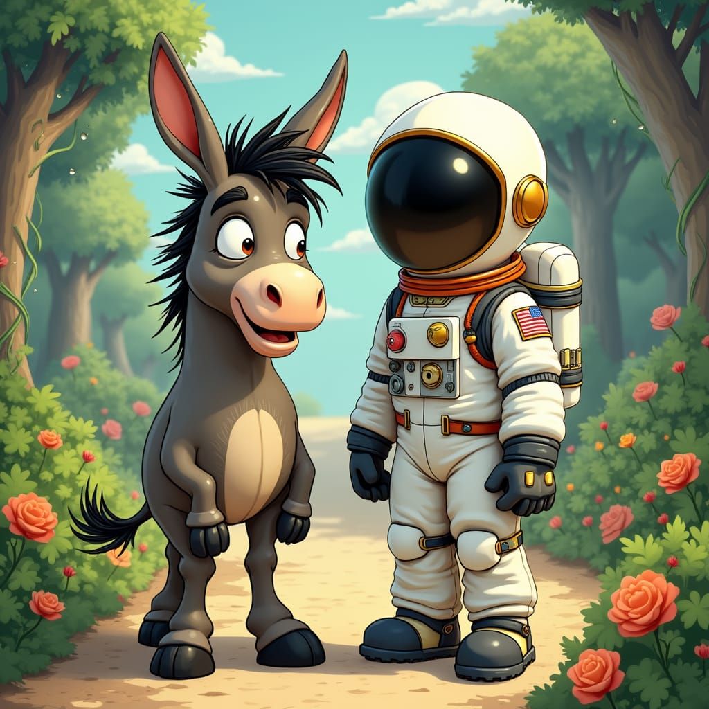 Astronaut Meets Talking Donkey in Pixar Style Forest