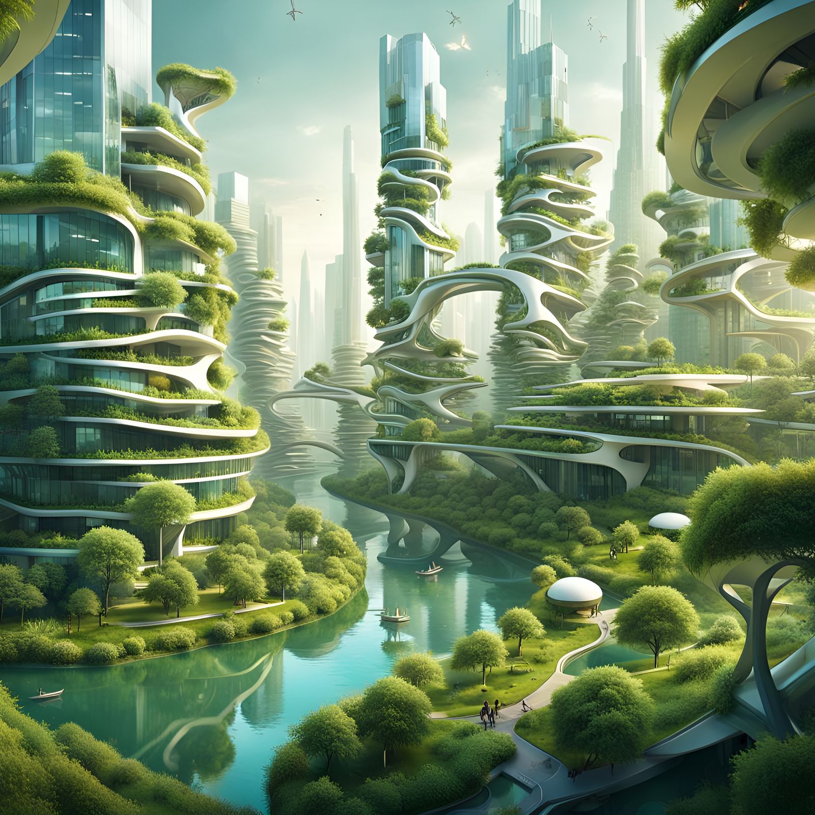 Futuristic Utopian Cityscape in Origami Style