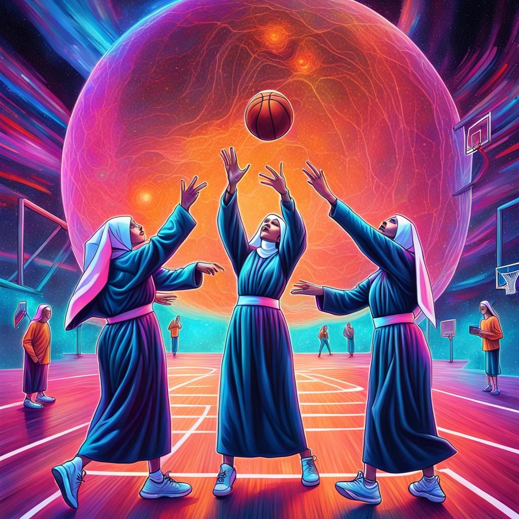 Nuns Playing Basketball in Astral Illustration