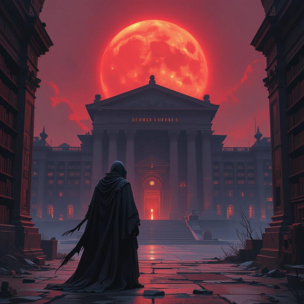 Ancient Library Under Dying Star in Cyberpunk Style