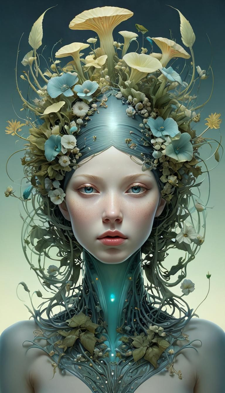 Surreal, Hyperrealistic Head Filled with Bioluminescent Plan...