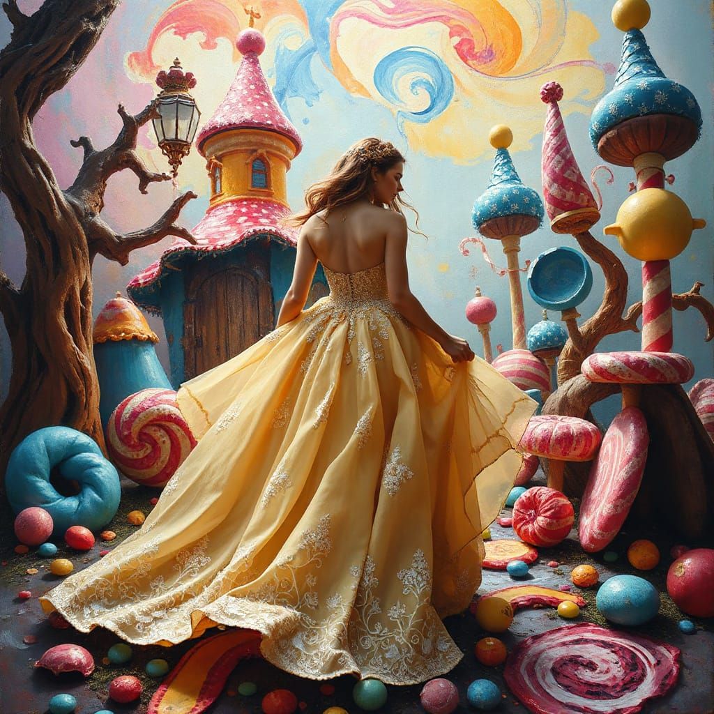 Candyland Woman in Flowing Gown, Gouache Style