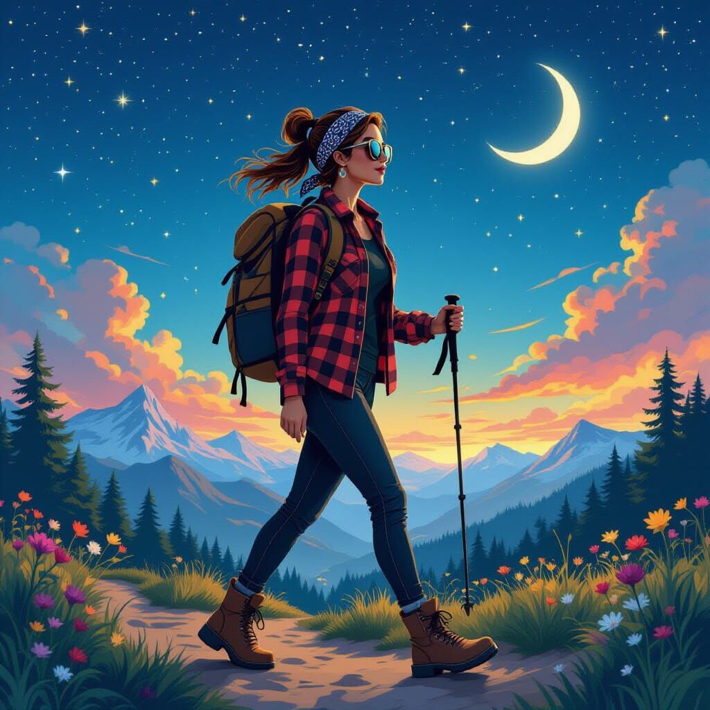 Fantastical Woman Hiking in Fairyland, Digital Painting
