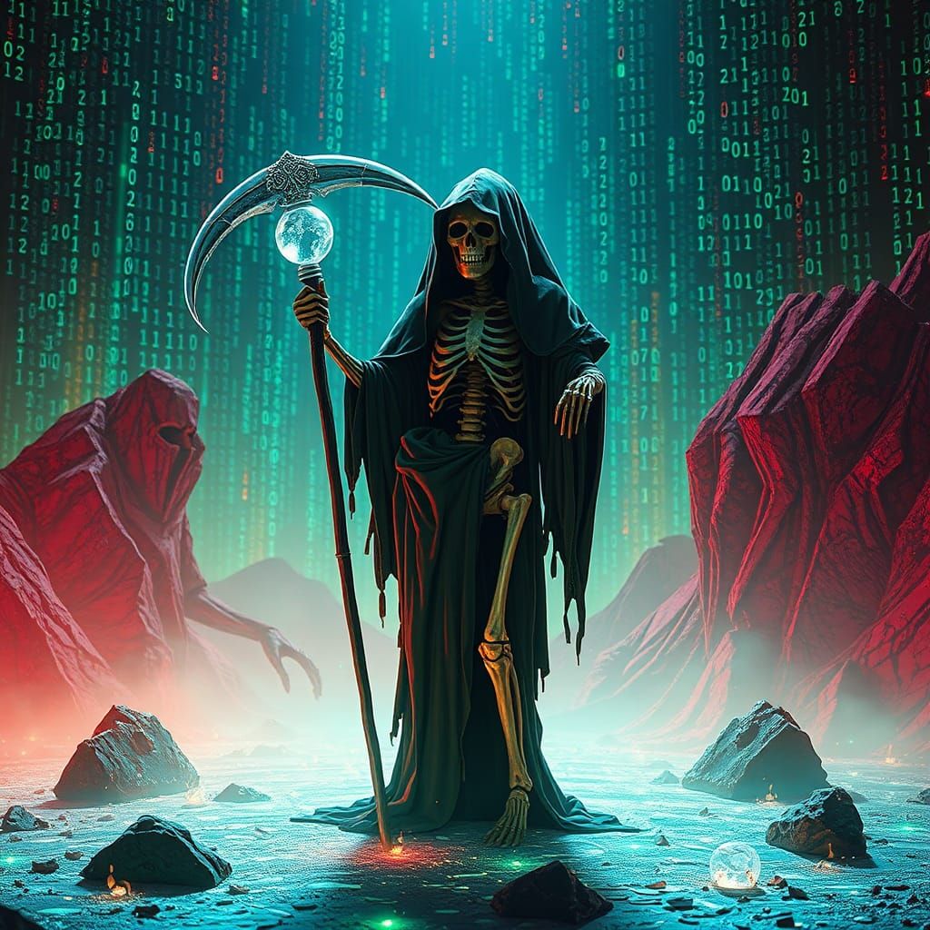 Grim Reaper in Digital Landscape with Glass Scythe