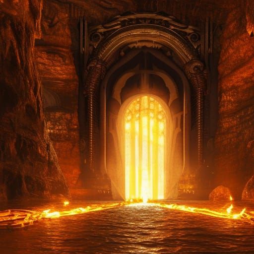 Ominous Metal Gates Open to Golden Lit Cave
